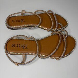 Sparkly Flat Roman Sandals With Elastic Band And Metal Rhinestone Strap Size 8